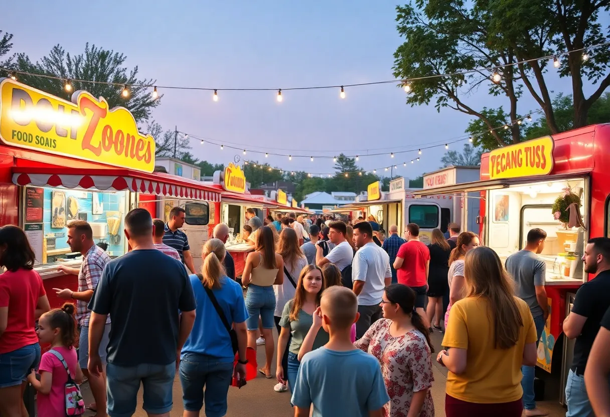 Families enjoying food from local food trucks at the Mount Pleasant Food Truck Rodeo