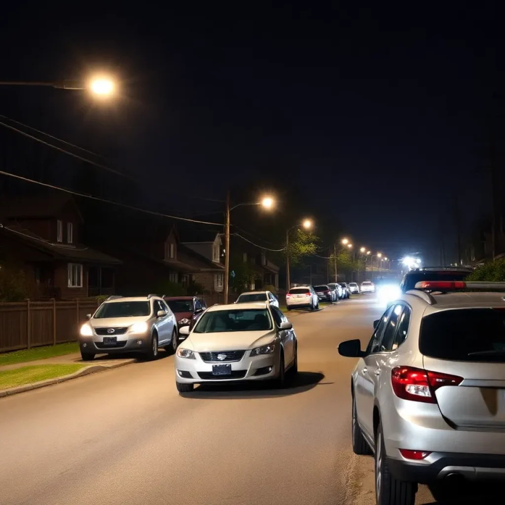 Dimly lit neighborhood street with parked cars