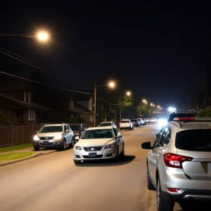 Dimly lit neighborhood street with parked cars