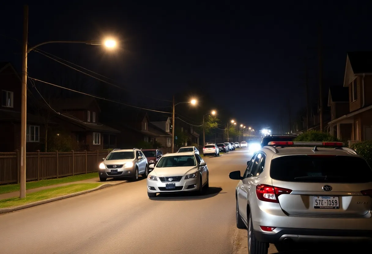 Dimly lit neighborhood street with parked cars