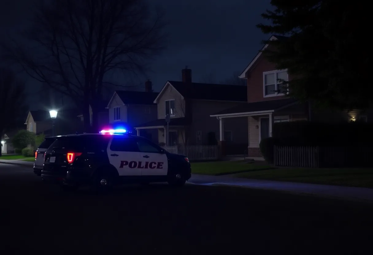 Police car outside a house in a suburban neighborhood