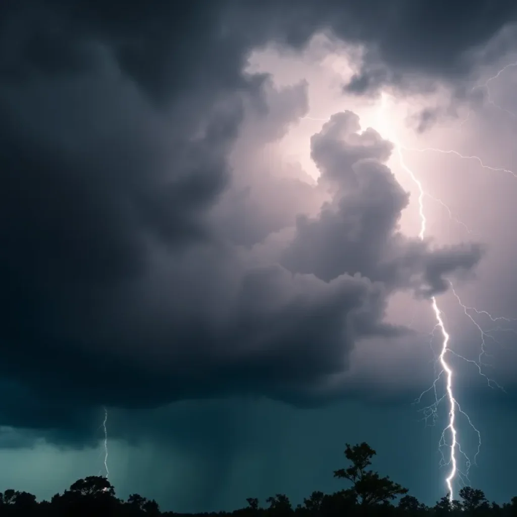 Severe thunderstorm with dark clouds and lightning in Michigan