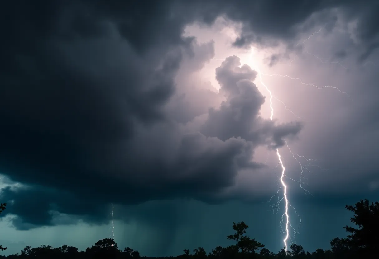 Severe thunderstorm with dark clouds and lightning in Michigan