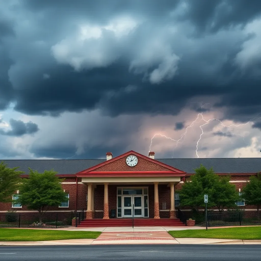 Dark thunderstorm clouds over a school building in Clinton