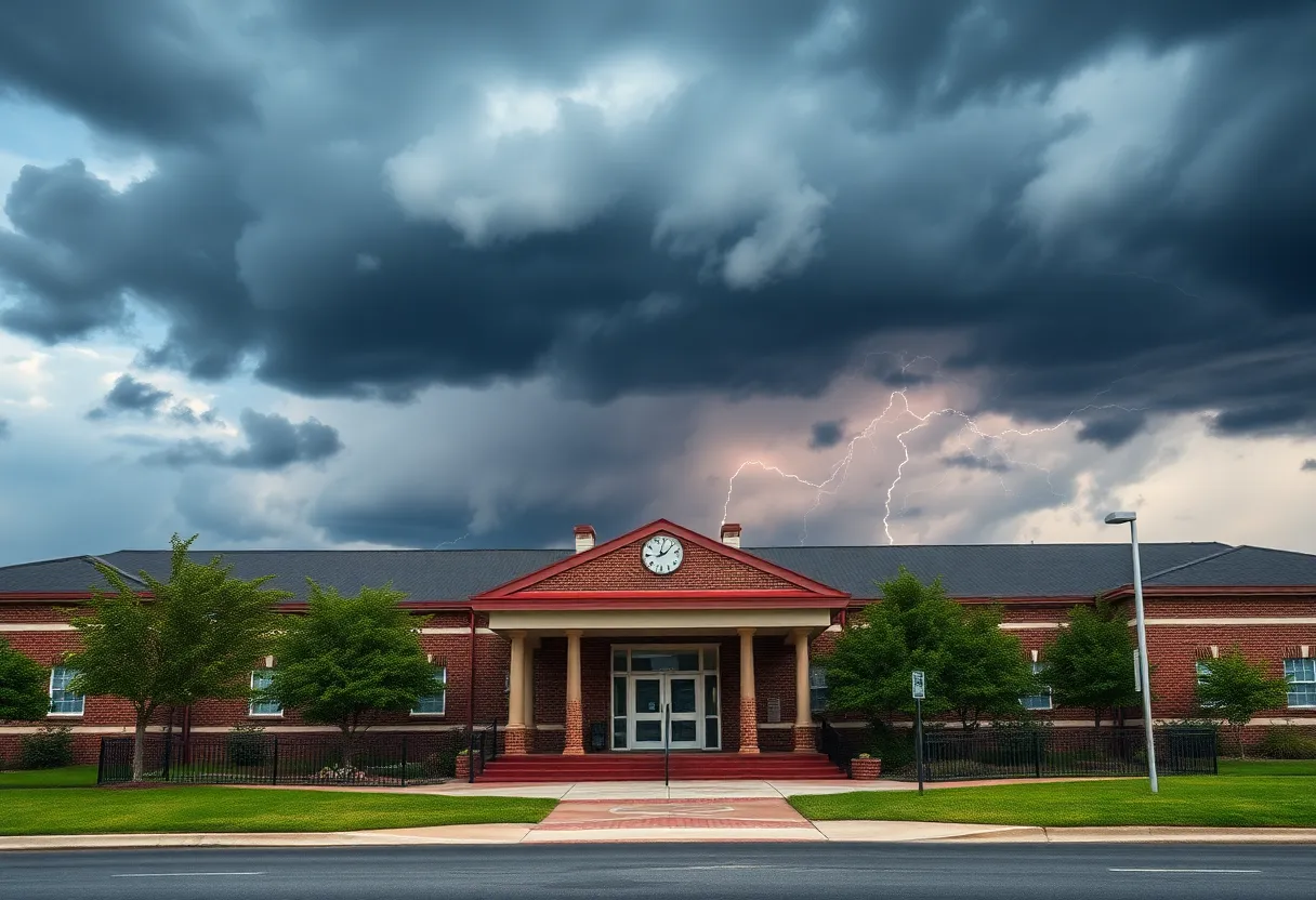 Dark thunderstorm clouds over a school building in Clinton