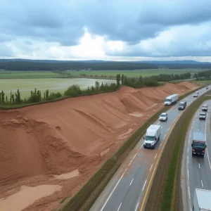 Mudslide blocking lanes on West Virginia Turnpike with stranded vehicles