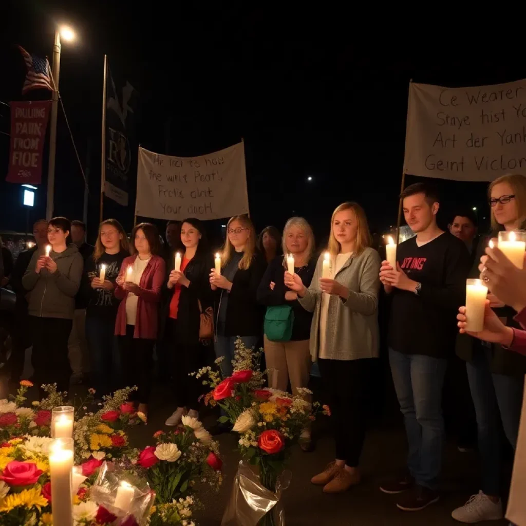 Community members holding candles at a vigil for a car accident victim