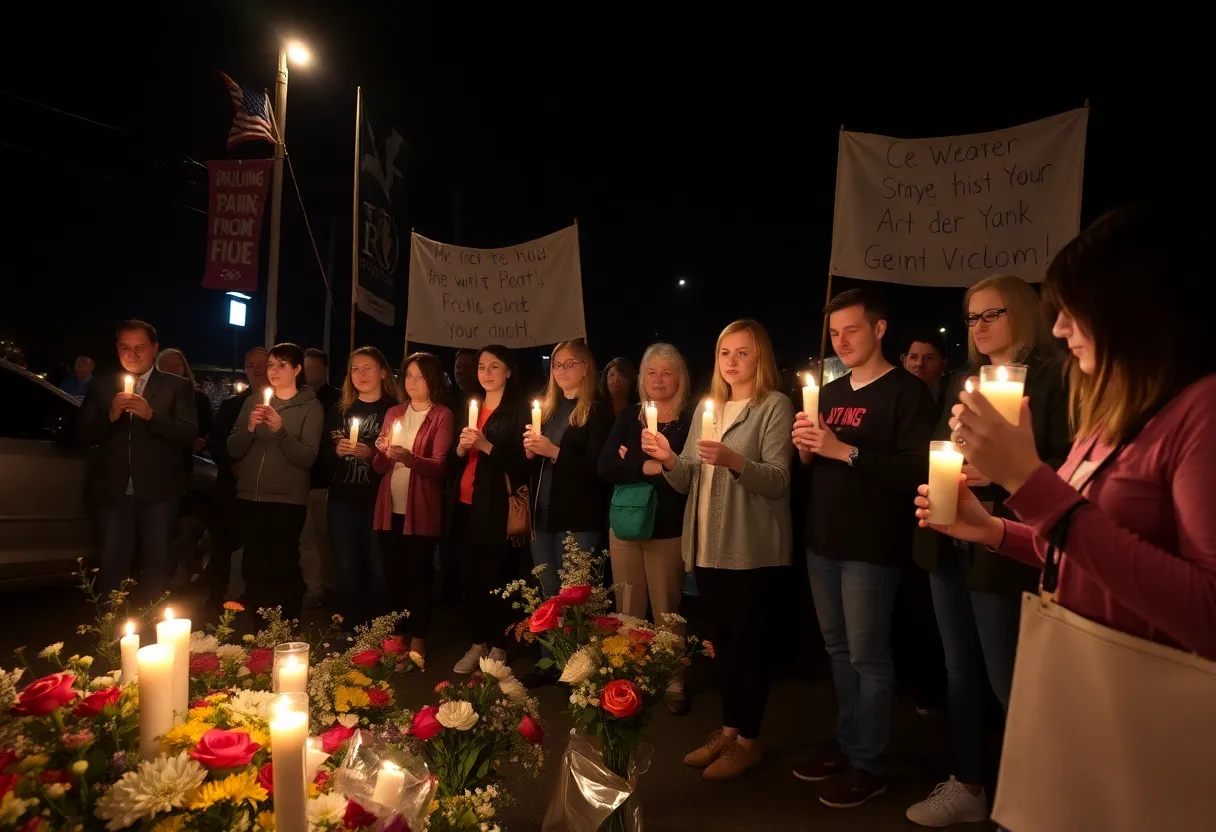 Community members holding candles at a vigil for a car accident victim