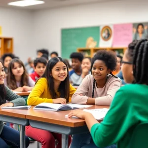 Students engaged in a vibrant classroom scene.