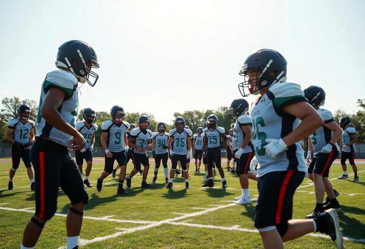 Clinton High School football team practicing on the field