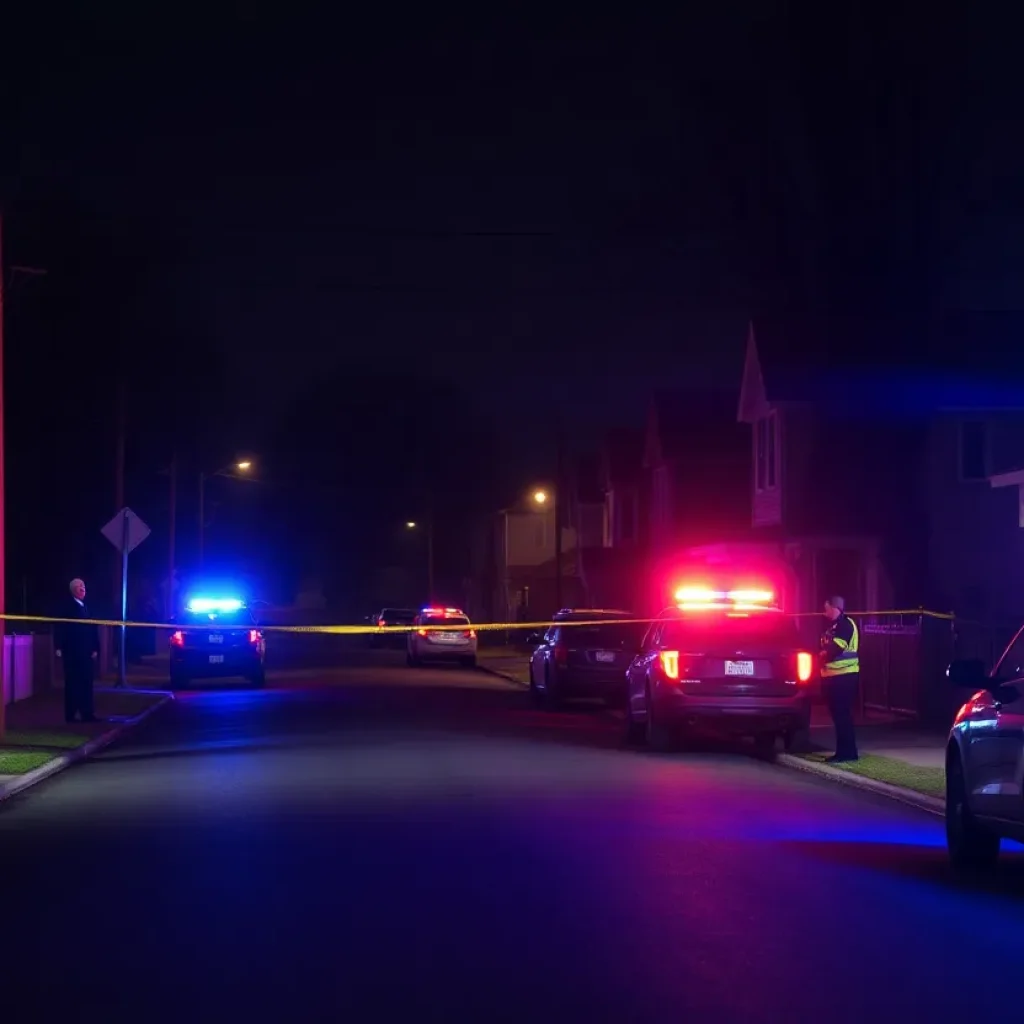 Police officers investigating a shooting scene on a residential street