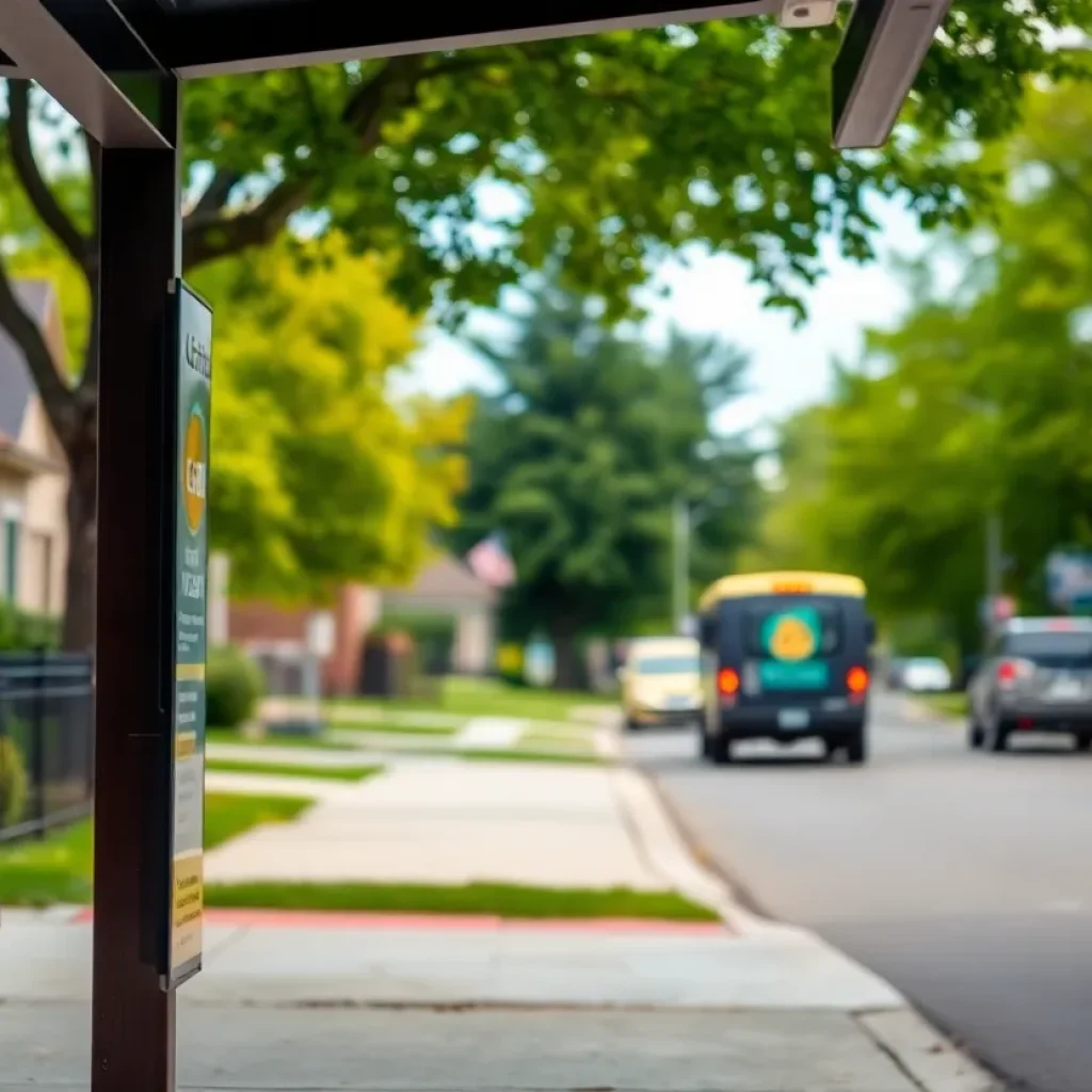 A suburban bus stop with a caution sign warning about aggressive dogs.
