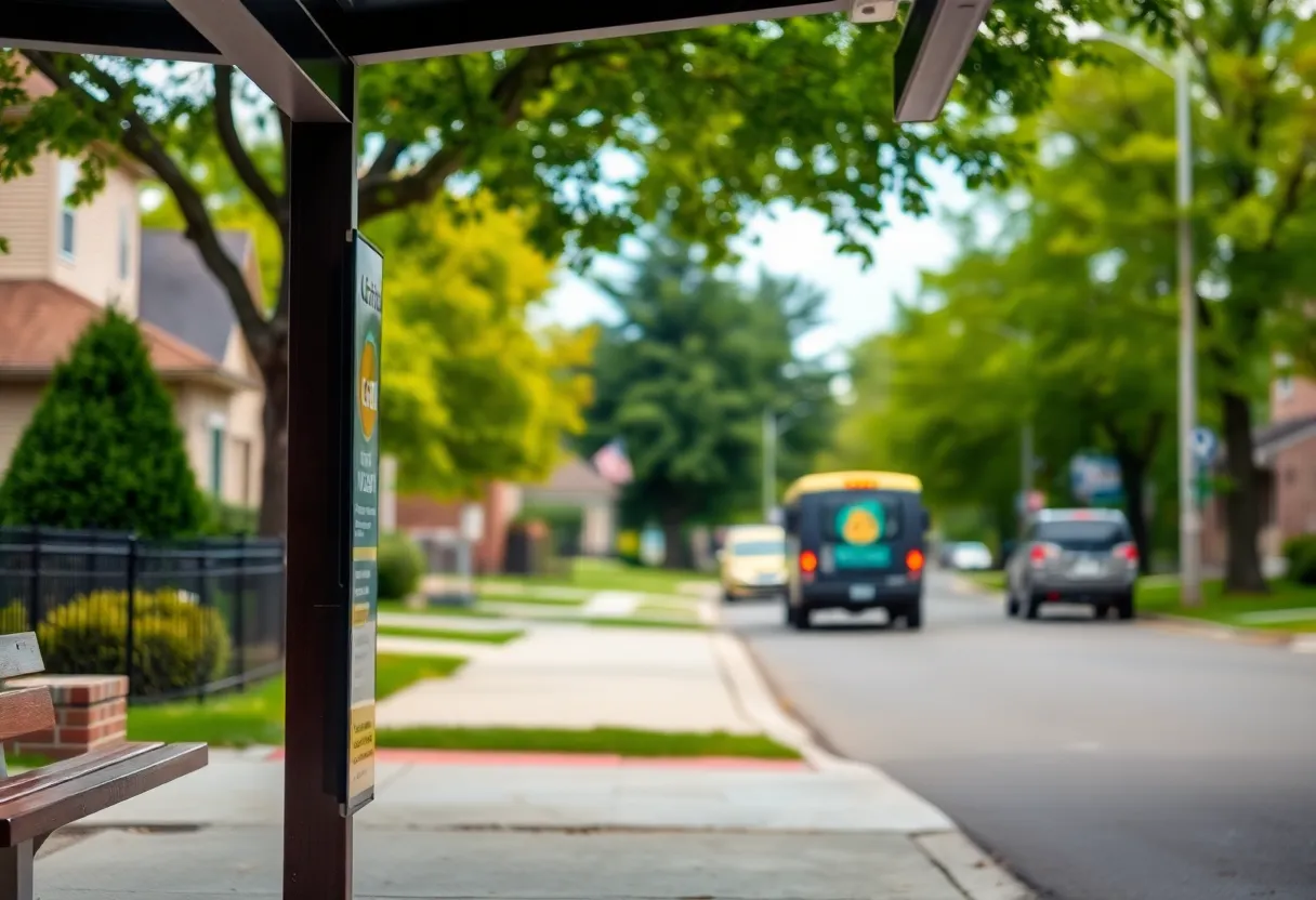 A suburban bus stop with a caution sign warning about aggressive dogs.