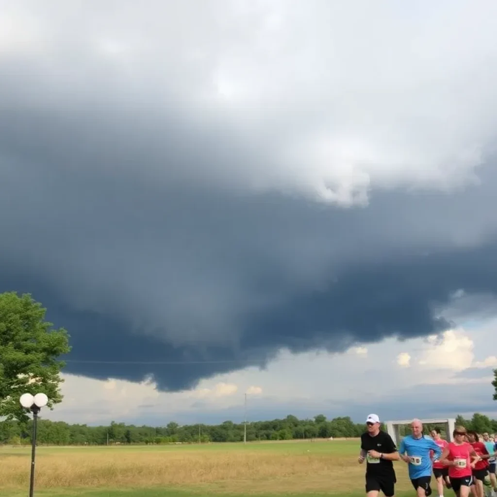 Park in Clinton with storm clouds and runners preparing for a fun run