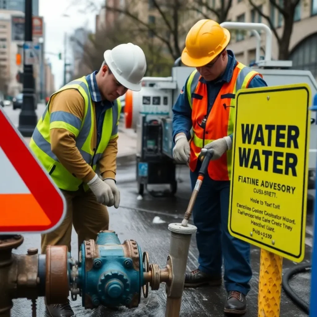 Boil water advisory sign with crew working on water main.