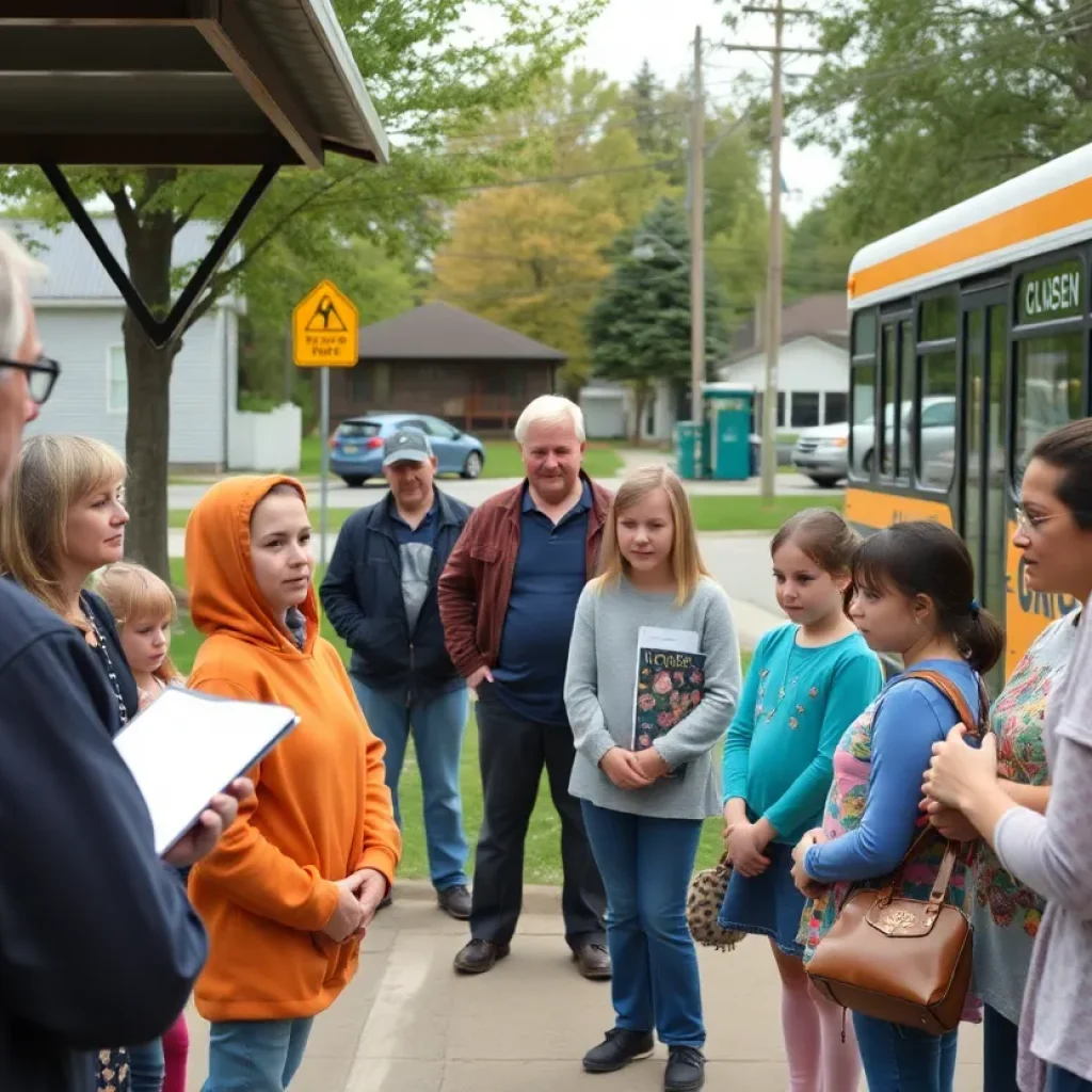 Group of adults discussing safety measures with children at a bus stop