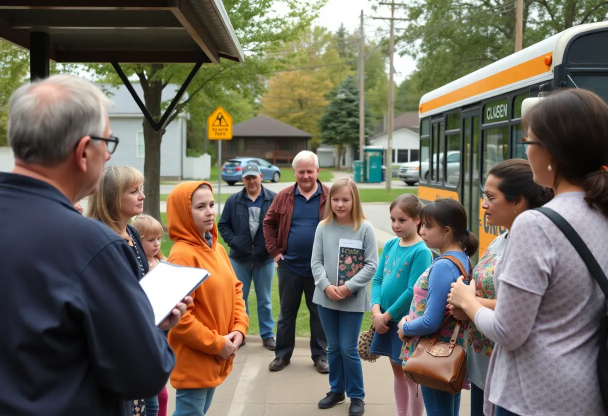Group of adults discussing safety measures with children at a bus stop