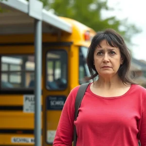A worried mother at a school bus stop representing safety concerns.
