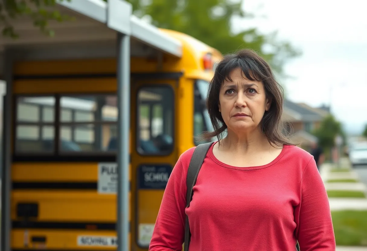 A worried mother at a school bus stop representing safety concerns.