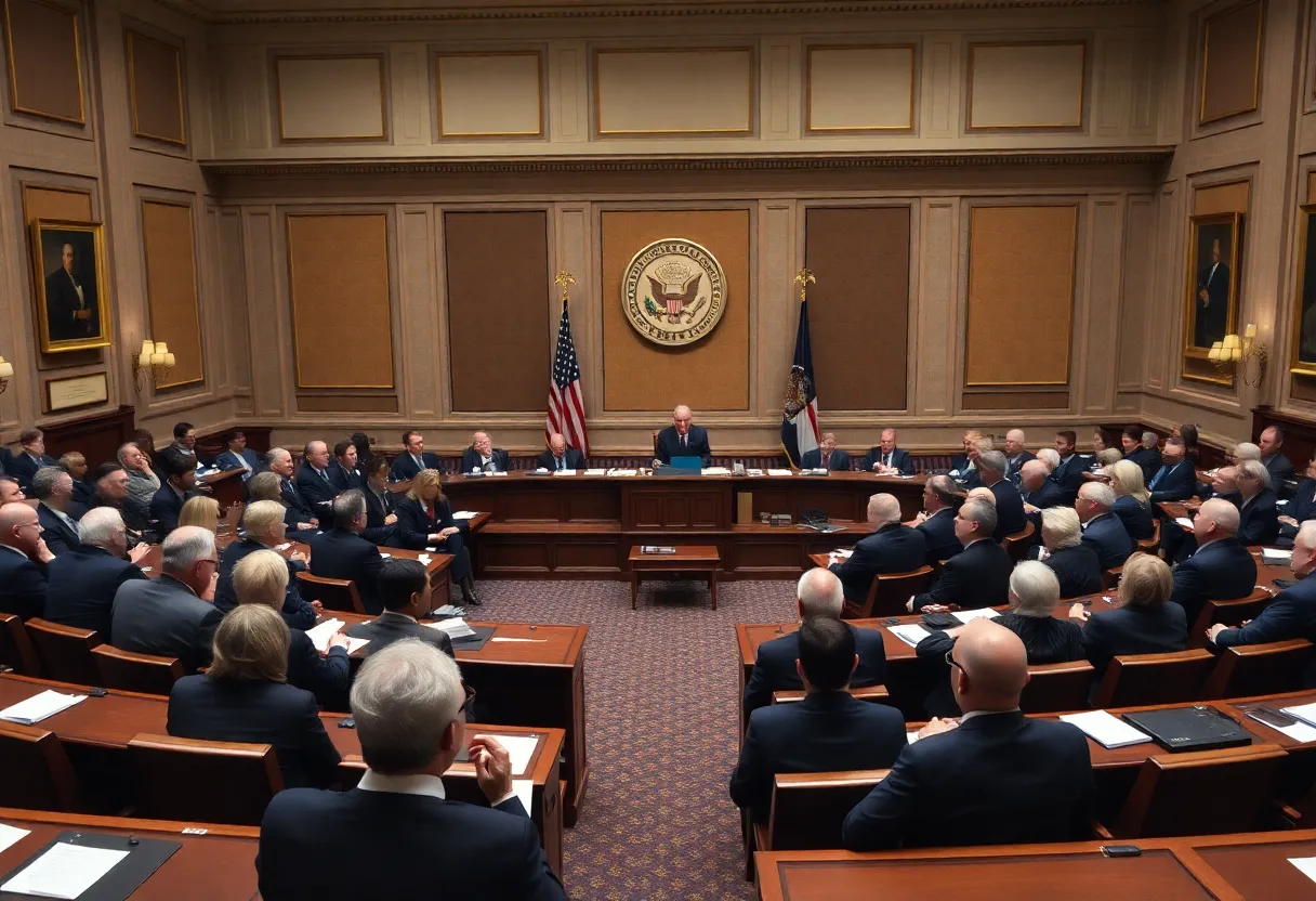 A congressional hearing room with representatives discussing the Epstein case.