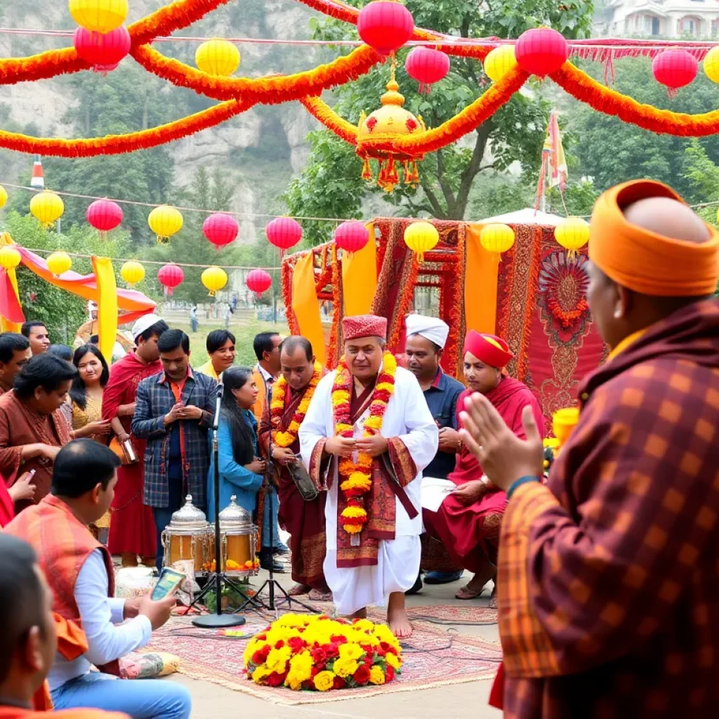 Celebration of Dalai Lama's milestone birthday with attendees in traditional attire and festive atmosphere.