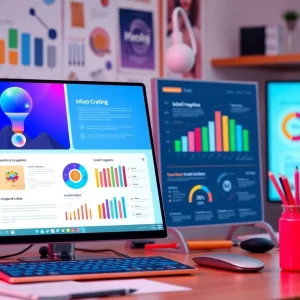 Digital marketing workspace showcasing design tools for infographics