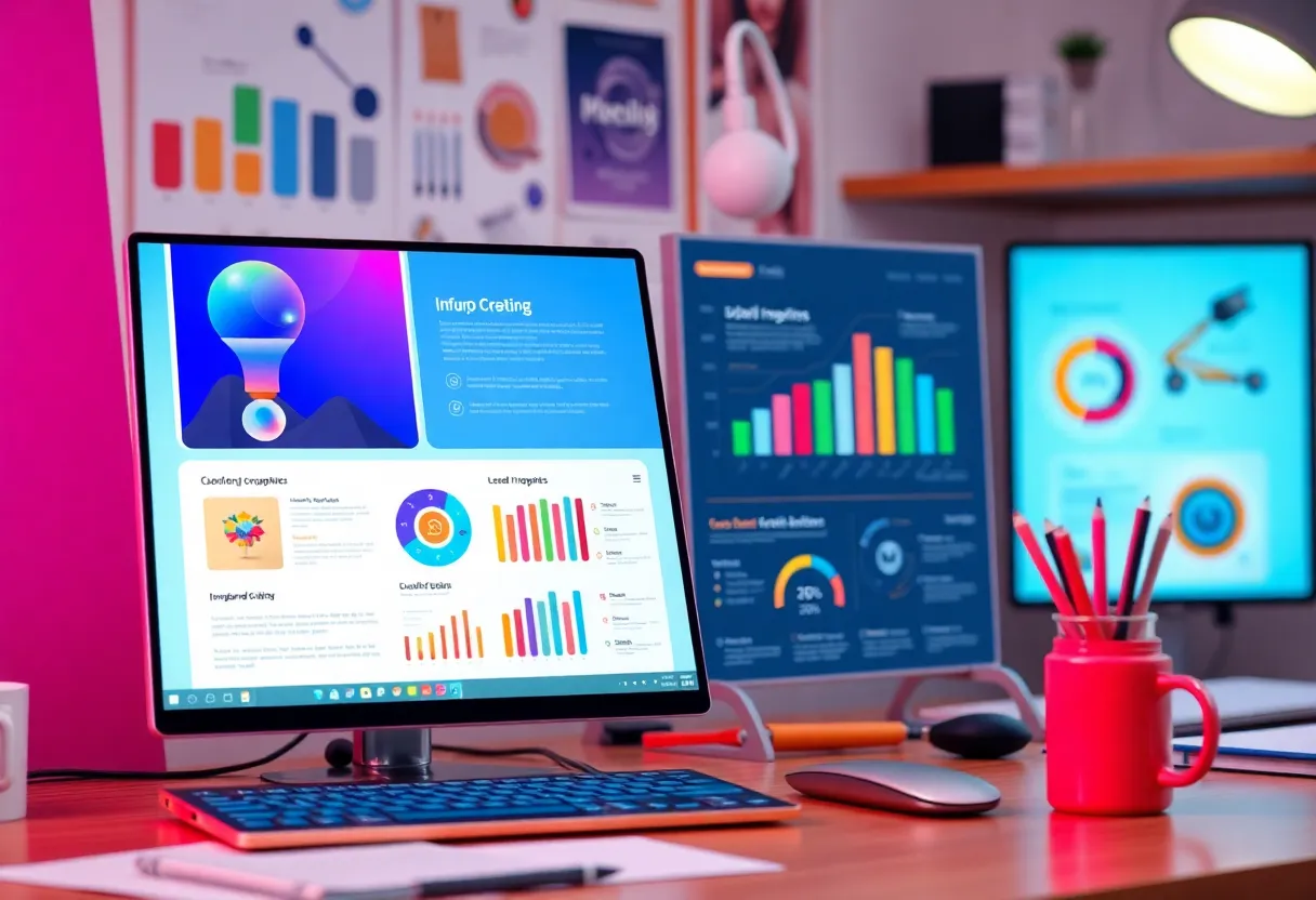 Digital marketing workspace showcasing design tools for infographics