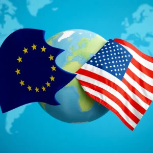 Symbolic representation of EU and US trade tensions with flags