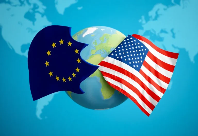 Symbolic representation of EU and US trade tensions with flags