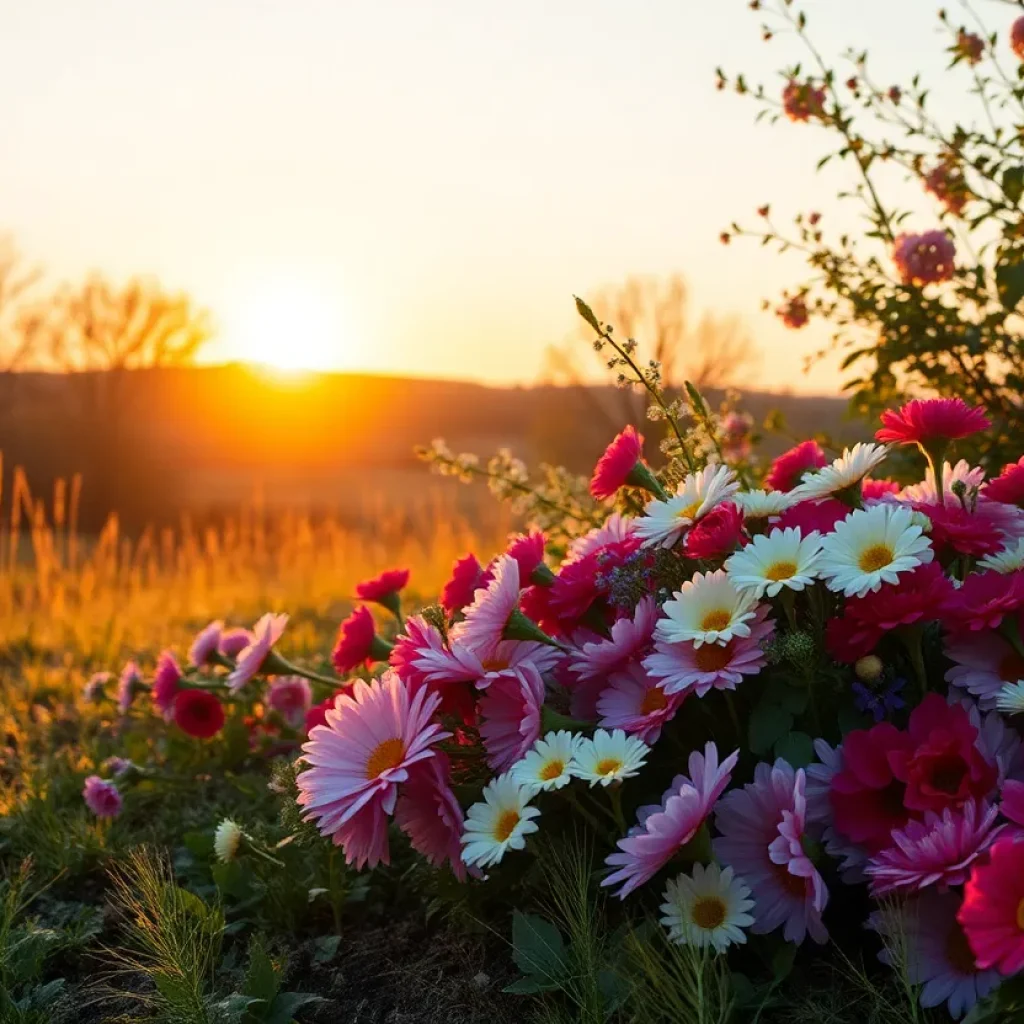 Landscape with flowers representing love and loss