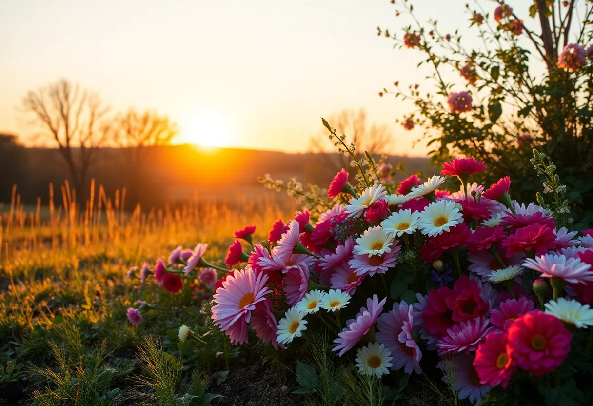 Landscape with flowers representing love and loss