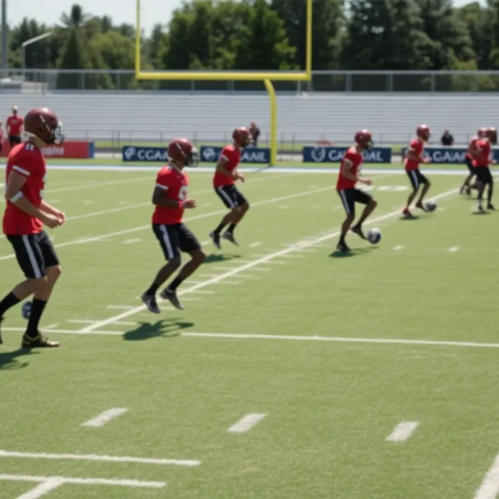 Football team practicing on the field
