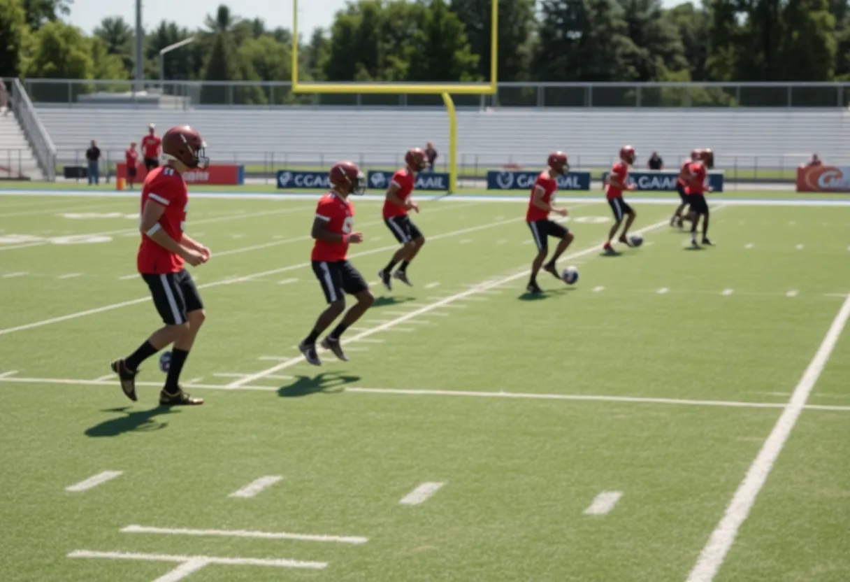 Football team practicing on the field