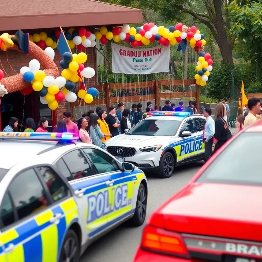 Police cars outside the venue of a graduation party shooting.
