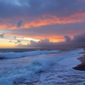 Turbulent waves on the Hawaiian coastline during a tsunami warning