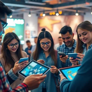 People interacting with digital storytelling on devices