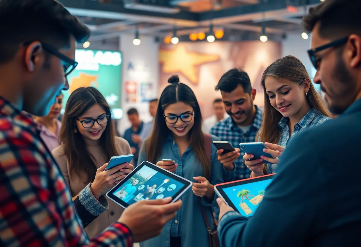 People interacting with digital storytelling on devices