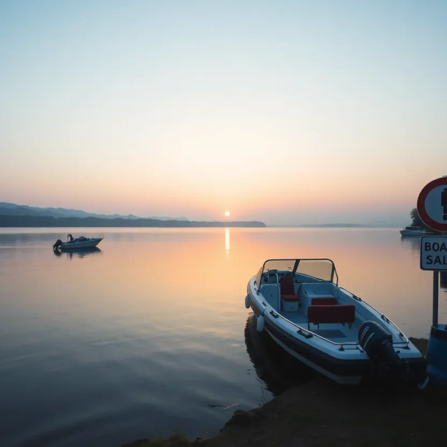 Lake Greenwood with a boat in the foreground and safety signs