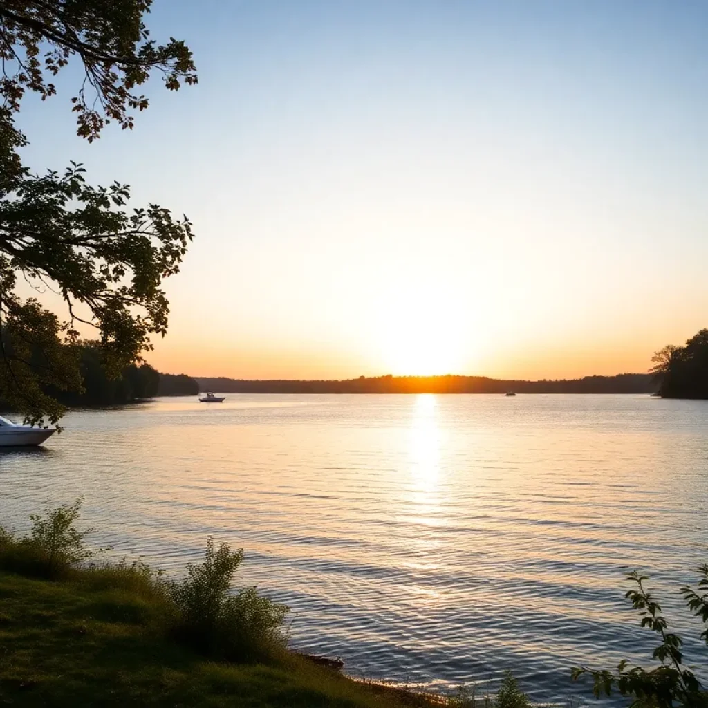 Calm waters of Lake Greenwood at sunrise with boats