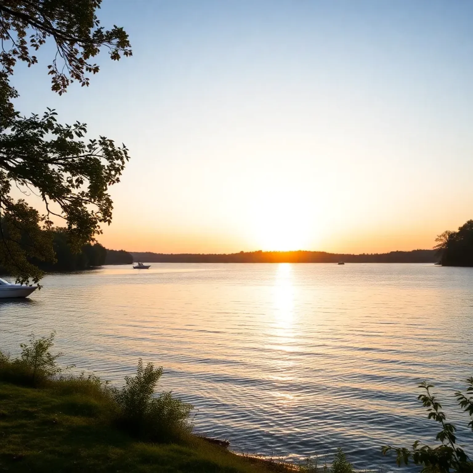Calm waters of Lake Greenwood at sunrise with boats