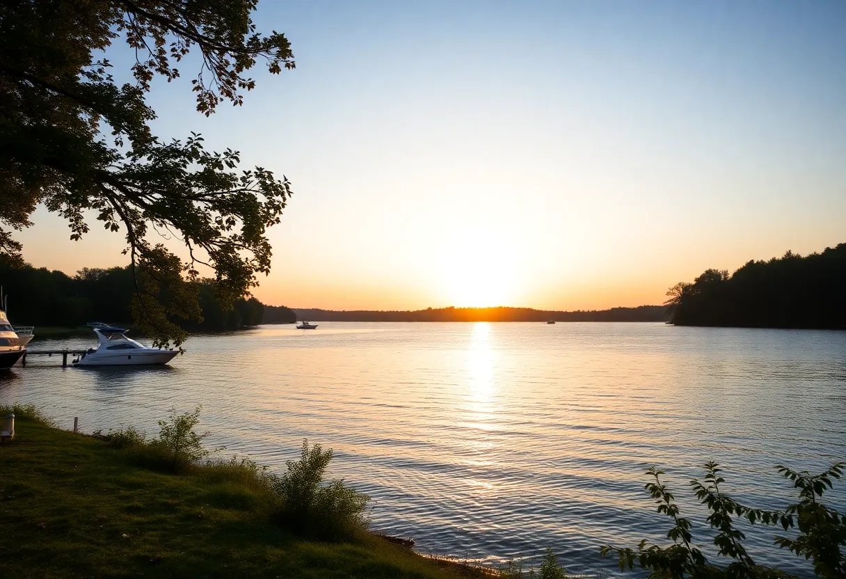 Calm waters of Lake Greenwood at sunrise with boats
