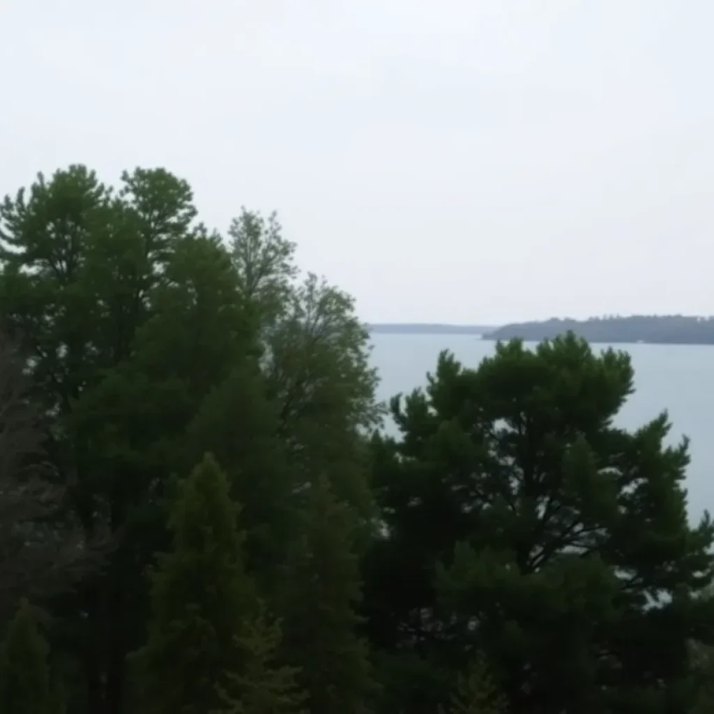 Tranquil shot of Lake Greenwood's water surrounded by trees