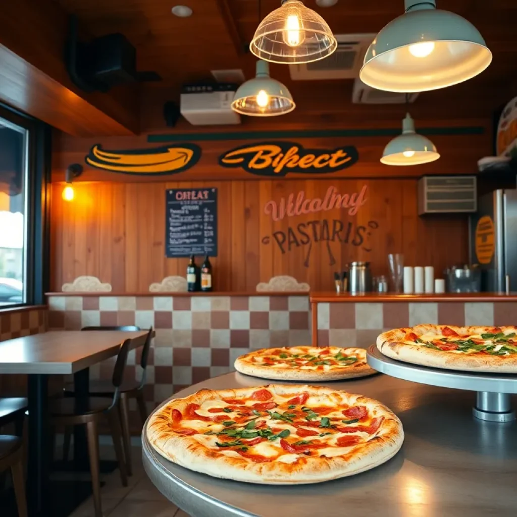 Interior of Local Crust Pizzeria with fresh pizzas on display