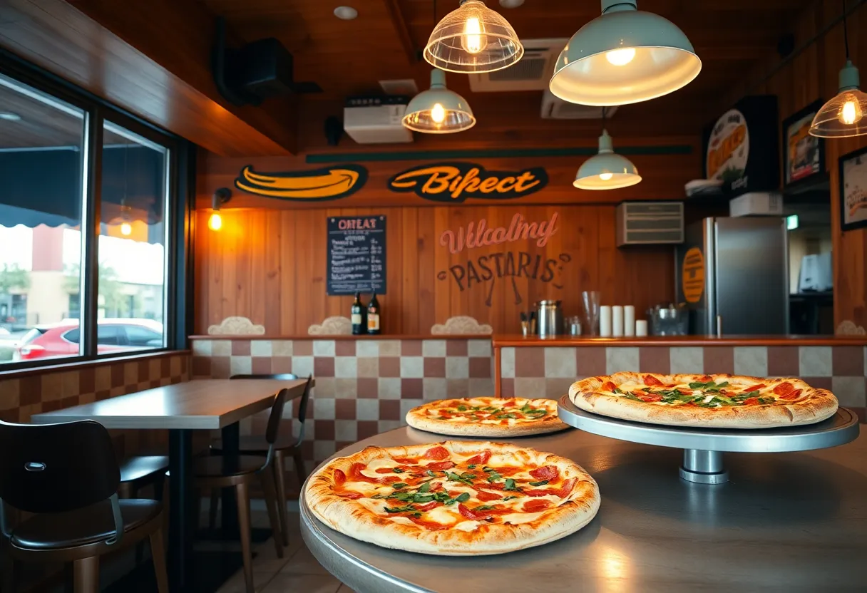 Interior of Local Crust Pizzeria with fresh pizzas on display