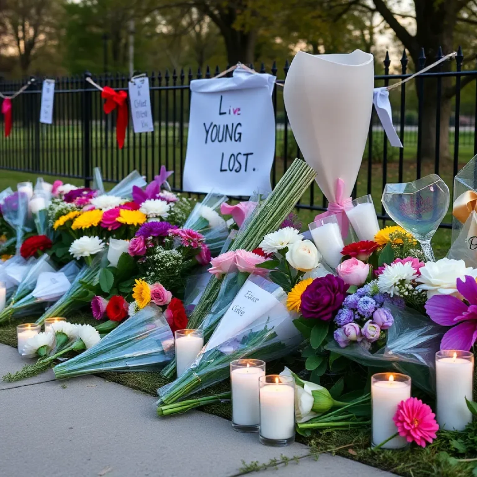 Memorial site with flowers and candles for MyAngel Walker