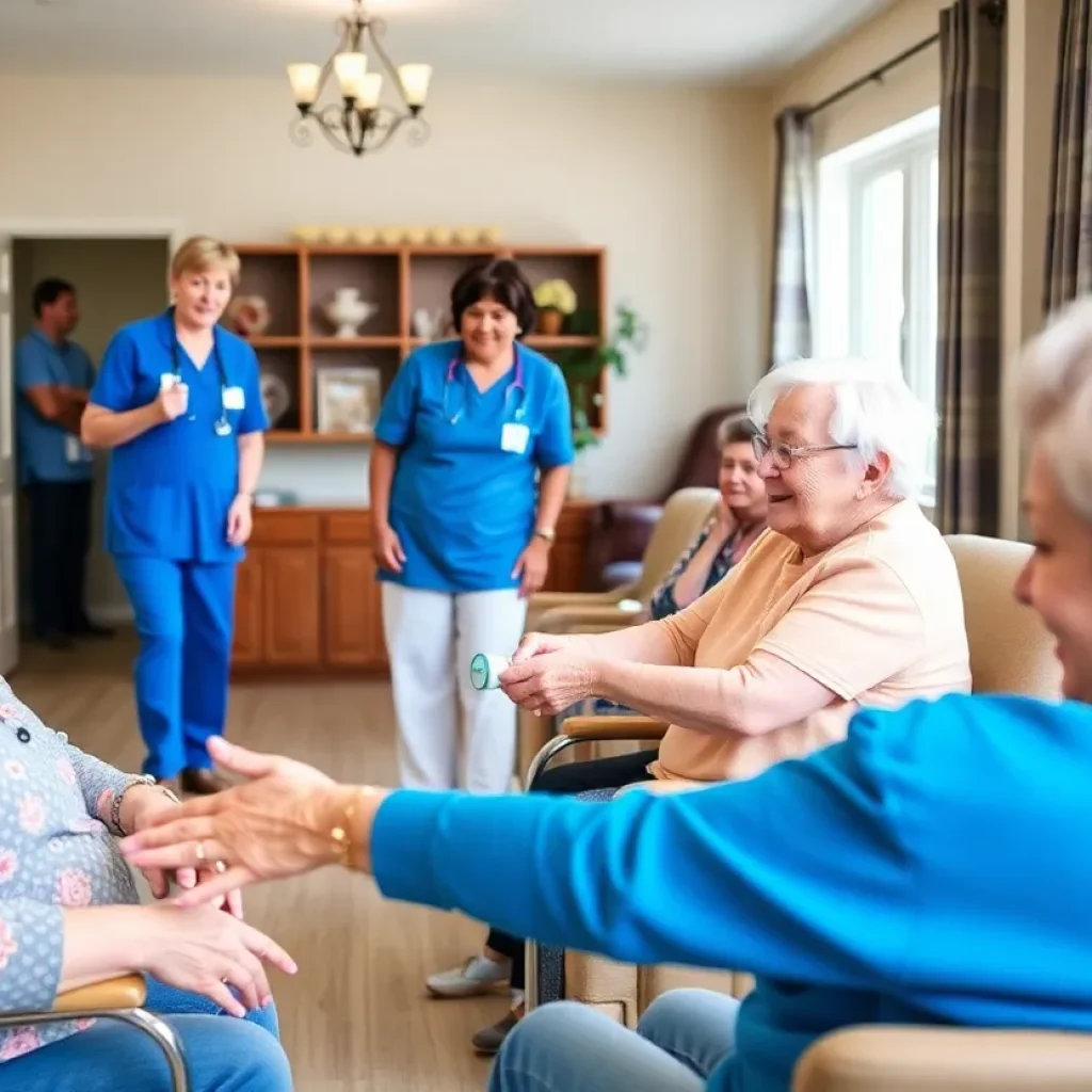 Memory care facility with happy residents and staff