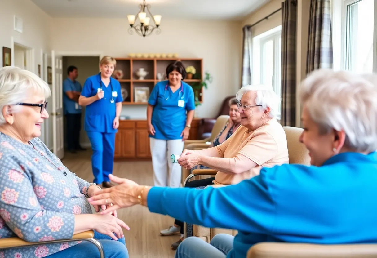 Memory care facility with happy residents and staff