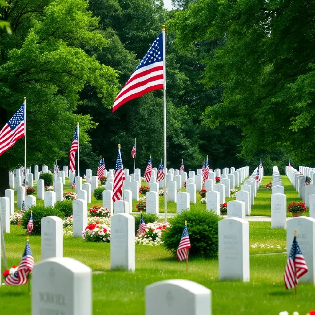 A military cemetery with flags honoring veterans