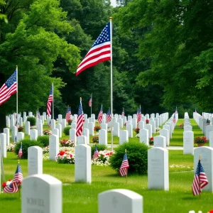 A military cemetery with flags honoring veterans