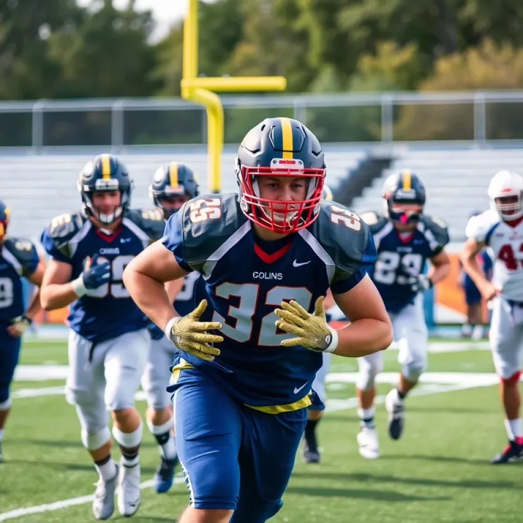 Football players in training, emphasizing teamwork and recruitment in college football